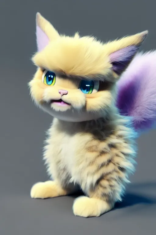 Image similar to high quality 3 d render hyperrealist very cute multipastel fluffy! grumpy chimera cat hybrid with detailed fluffy wings!!, vray smooth, in the style of detective pikachu, hannah yata charlie immer, dramatic blue light, low angle, uhd 8 k, sharp focus