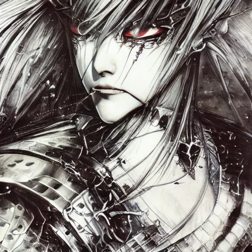 Image similar to Yoshitaka Amano realistic illustration of an anime girl with wavy white hair and cracks on her face wearing Elden ring armour with the cape fluttering in the wind, abstract black and white patterns on the background, noisy film grain effect, highly detailed, Renaissance oil painting, weird portrait angle