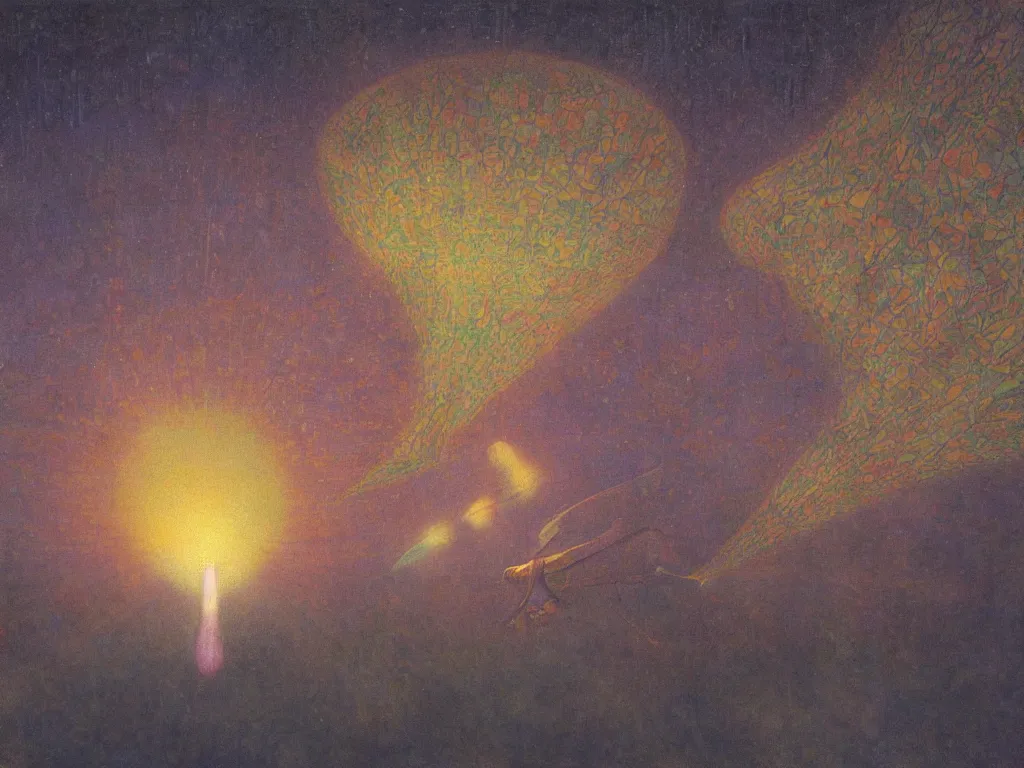 Prompt: study of the psychedelics dream mothership throwing a firefly net over the metropolis of slumber. painting by mikalojus konstantinas ciurlionis, bosch, wayne barlowe, agnes pelton, rene magritte