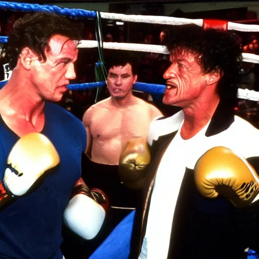 Image similar to 9 0 s tv footage of arnold schwarzenegger vs sylvester stallone charity boxing match