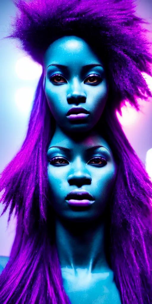 Image similar to hyperrealistic intricate close-up of beautiful african woman with purple hair and pearlescent blue skin james paick machiej kuciara dramatic neon lighting on one side 35mm shallow depth of field