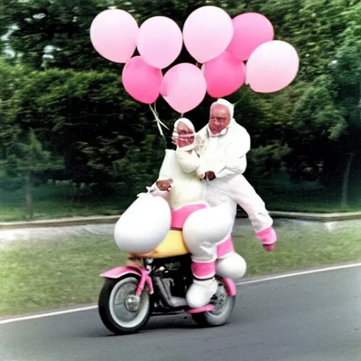 Image similar to a martin parr photo of a grandpa couple, wearing michelin man white body costumes, going super fast on a pink pig, 1 9 7 0 s kodachrome colour photo, flash on camera, w 1 0 2 4