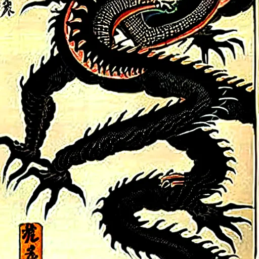 Image similar to biomechanical ukiyo - e lithograph of black dragon by utagawa kuniyoshi, very detailed, hyperrealistic