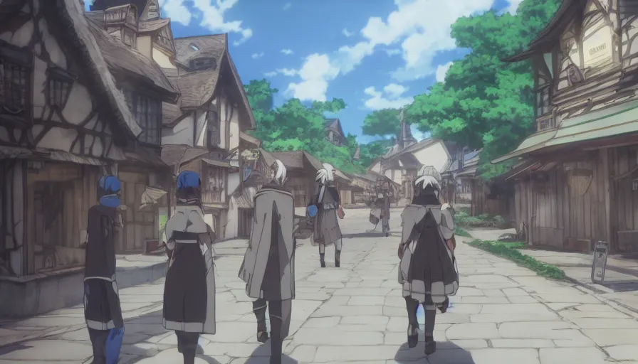 Image similar to Camera focusing on Ais-Wallenstein • walking through the middle of an isekai town street • cinematic anime screenshot by the Studio JC STAFF