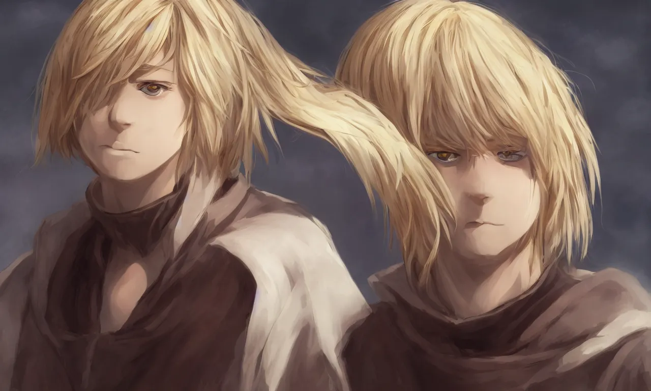 Prompt: portrait, blonde boy with golden eyes wearing a brown cape, anime screenshot, mappa studio artstyle, hyper realistic, pale skin, extreme detail, trending artstation, hd, fantasy, realistic lighting, sharp focus, backlit