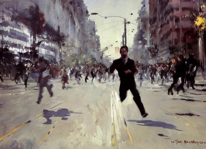 Image similar to a man running at full speed protesting in a dystopian alameda santiago de chile by john berkey and manet