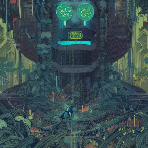 Image similar to Stunningly intricate portrait illustration of a single cyberpunk explorer overlooking a lush forest, highly detailed, midnight, by Victo Ngai and James Gilleard , Moebius, Laurie Greasley