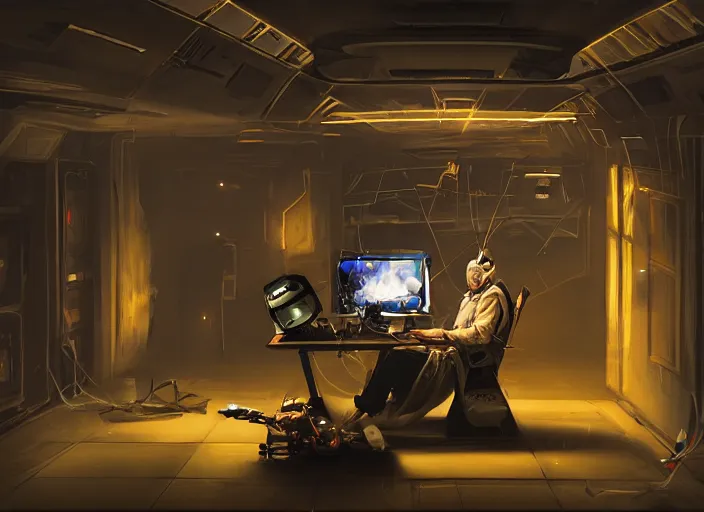 Prompt: a man sitting on a chair with things attached to his head, screens and monitors in front of him playing videos, ship interior, narrow hallway, scifi, dramatic lighting, dark, spotlight, concept art, surreal, by rutkowski