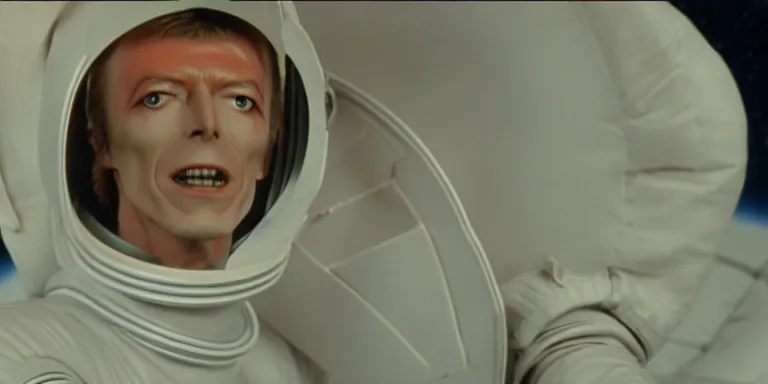 Image similar to photorealistic medium close shot cinematography of a 1 9 8 1 version of healthy david bowie in a cheesy 5 0's space suit acting as a man from outter space in a twilight zone episode that takes place in an art deco lab shot on film by the shining cinematographer john alcott on a cooke panchro 6 5 mm macro lens.