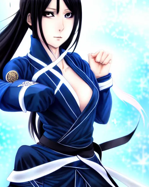 Image similar to anime character portrait of a female martial artist!! long black hair! blue eyes! dynamic pose!! elegant, intricate outfit, fine details by stanley artgerm lau, wlop, rossdraws, james jean, andrei riabovitchev, marc simonetti, and sakimichan, trembling on artstation