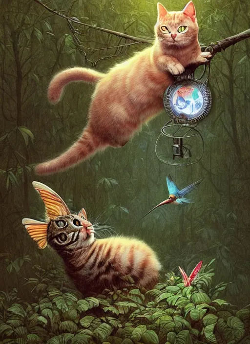 Image similar to a hyper realistic illustrated cat with playing with a hummingbird on its paw in the woods gorgeous lighting, lush forest foliage painting by chiara bautista and beksinski and norman rockwell and greg rutkowski weta studio, and lucasfilm