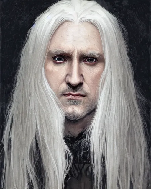 Prompt: portrait of 4 0 - year - old man with long white hair with a pale complexion, malfoy lucius, clear face, pointed face and grey eyes, hyper realistic face, beautiful eyes, fantasy art, in the style of greg rutkowski, intricate, alphonse mucha, hyper detailed, smooth