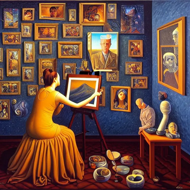 Image similar to an oil on canvas portrait of a man painting a portrait of a beautiful woman surrounded by portrait paintings, surrealism, surrealist, cosmic horror, rob gonsalves, high detail