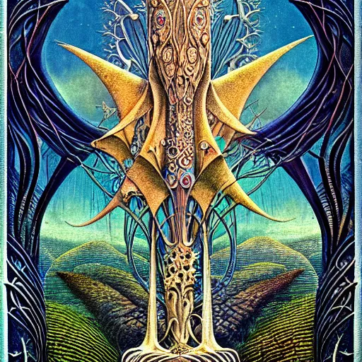 Prompt: pagan tarot card border art details by roger dean and andrew ferez, art forms of nature by ernst haeckel, divine chaos engine, symbolist, visionary, art nouveau, botanical fractal structures, organic, detailed, realistic, surreality