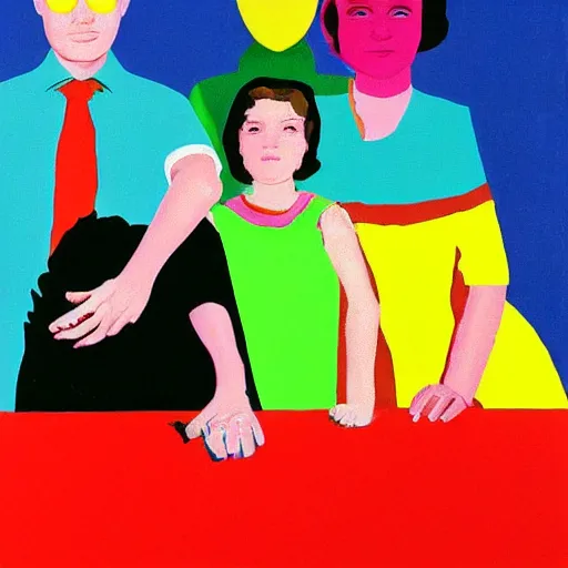 Image similar to A typical suburban family, who are hiding deep and dark secrets, Pop Art painting by David Hockney