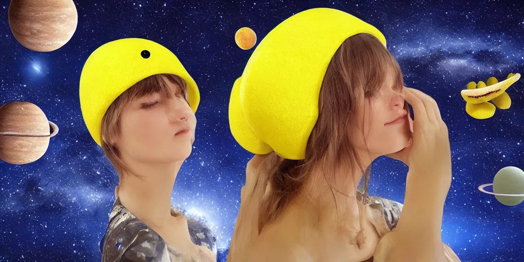 Prompt: banana hat in outer space, breathtaking realistic, photorealistic in the style of realism