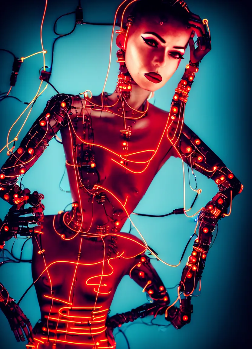 Image similar to woman, android, cyberpunk, artificial limbs, circuit, wires, mechanisms, tattoos, neon light, hard light, glamour, vogue photoshoot, fashion, long dress, red dress, raindrops, rain, wet, make - up, leaky make - up, red lipstick