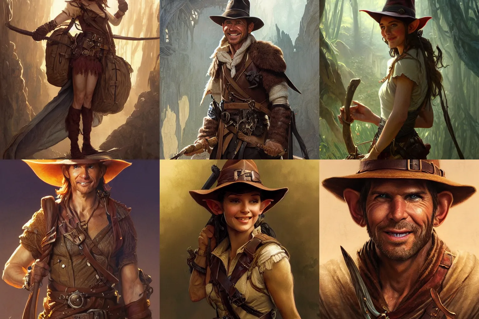 Prompt: a skeevy smiling elf who looks like Indiana Jones, wearing dirty travelling clothes, D&D, fantasy, intricate, cinematic lighting, highly detailed, digital painting, artstation, concept art, smooth, sharp focus, illustration, art by Artgerm and Greg Rutkowski and Alphonse Mucha