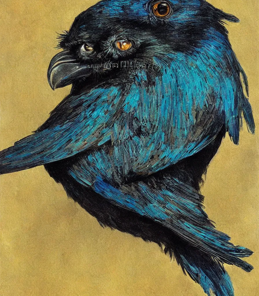 Prompt: photorealistic detailed victorian raven animal portrait painting, close up, ornate dark turquoise and black and yellow ochre background with circle arch, art by friedrich schenk and alphonse mucha and walter crane and louis sullivan and greg hildebrandt