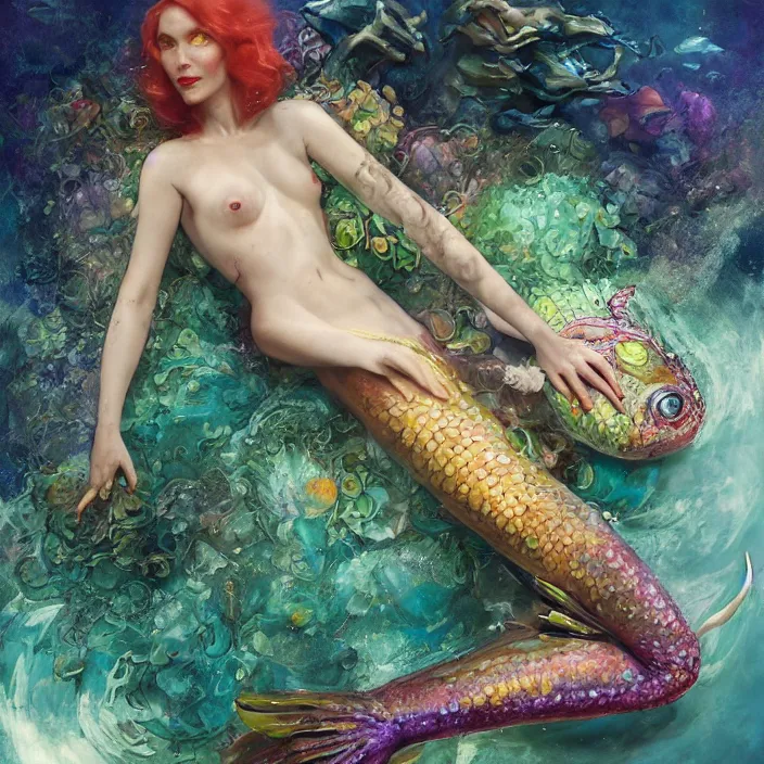 Prompt: a fashion editorial of cate blanchet as a brightly colored mermaid amphibian hybrid with wet translucent skin underwater. wearing an growing organic exosuit. by tom bagshaw, donato giancola, hans holbein, walton ford, gaston bussiere and peter mohrbacher. 8 k, cgsociety