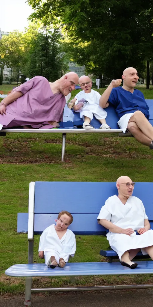 Prompt: In the park, bald old people in hospital gowns and bald children sitting on benches .