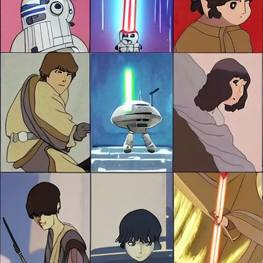 Image similar to star wars stills in the art style of studio ghibli