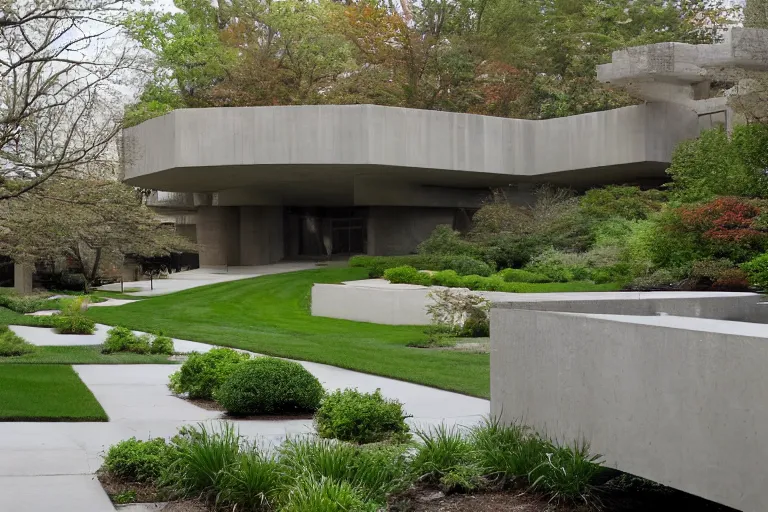 Prompt: beautiful landscaping, brutalist architecture, olmsted, masterpiece