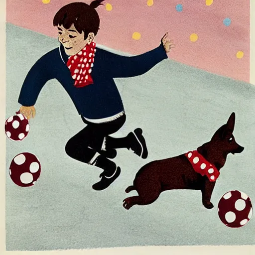 Image similar to book illustration of a french boy on the streets of paris playing football against a corgi, the dog is wearing a polka dot scarf, 1 9 6 6