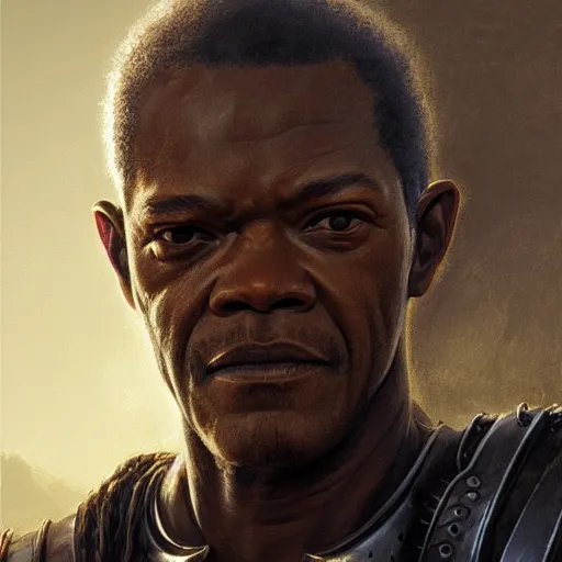 Prompt: closeup portrait of a young samuel jackson as a medieval knight, city background, dramatic light, gorgeous view, depth, high detail, digital art, painted by greg rutkowski, trending on artstation