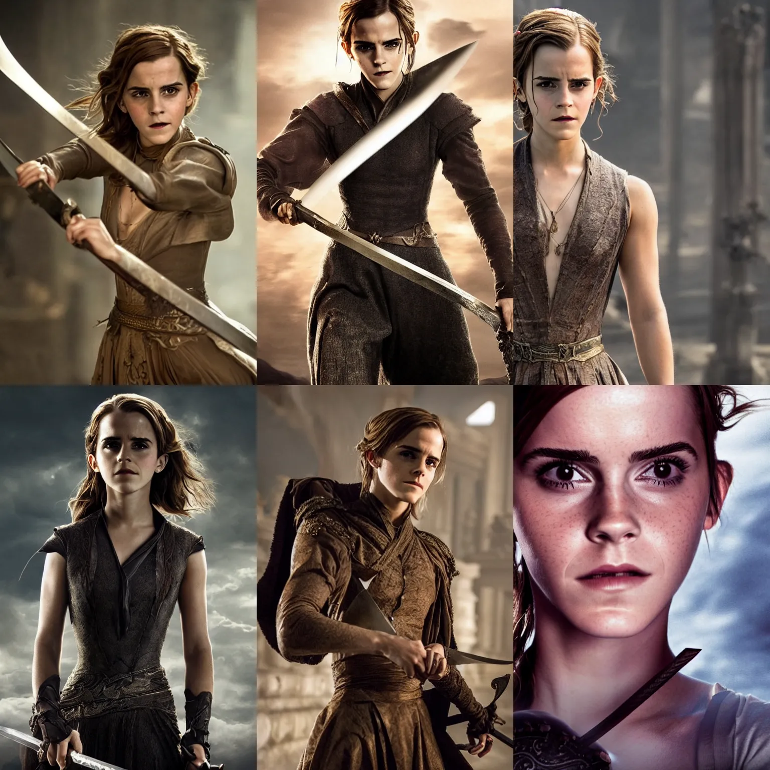 Prompt: promotional image of emma watson in a new movie as the villain, carrying a sword, alluring, intriguing, threatening, detailed face, movie still frame, promotional image, imax 7 0 mm footage