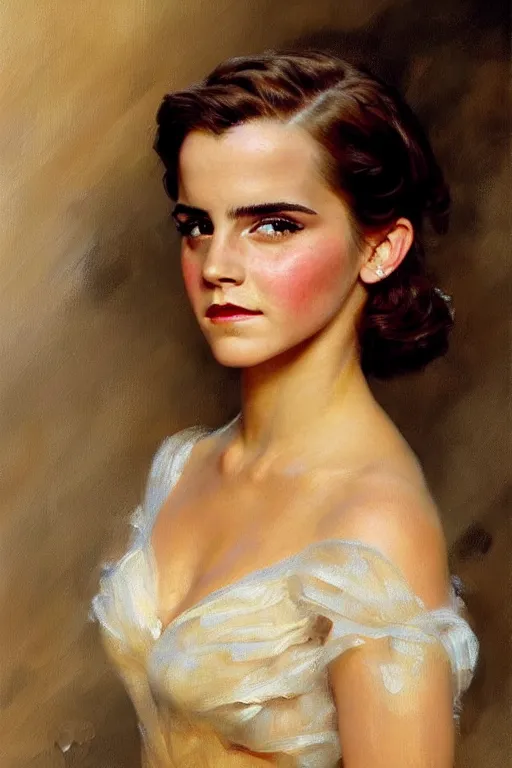 Prompt: detailed portrait of a beautiful emma watson 1 9 5 0 s hairstyle muscular, painting by gaston bussiere, craig mullins, j. c. leyendecker