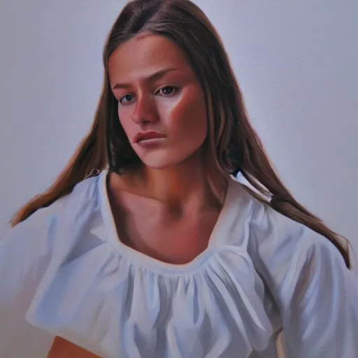 Image similar to hyperrealism oil painting of ukrainian model in vyshyvanka shirt