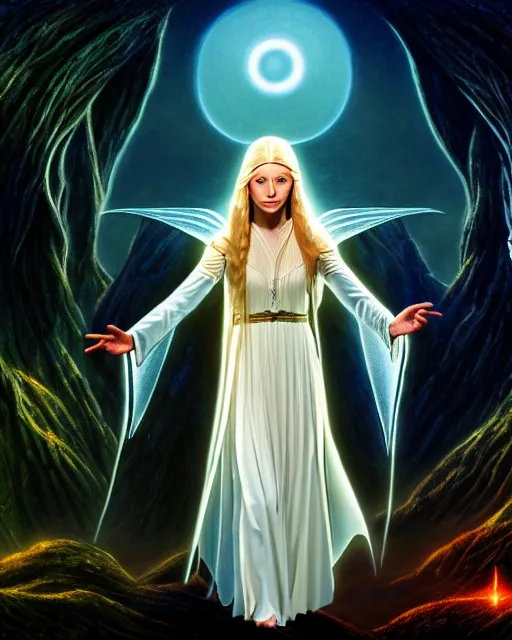 Image similar to Galadriel from Lord of the rings, Cover art by Stephen Bliss, boxart, loading screen, 8K resolution