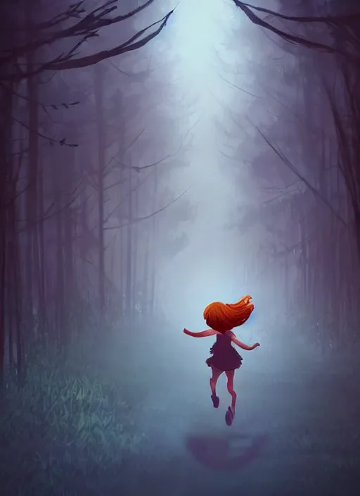 Prompt: Ginger girl running through a dark forest full of tall trees and fireflies . A monster is chasing her with glowing eyes. Artstation, award winning, mysterious.