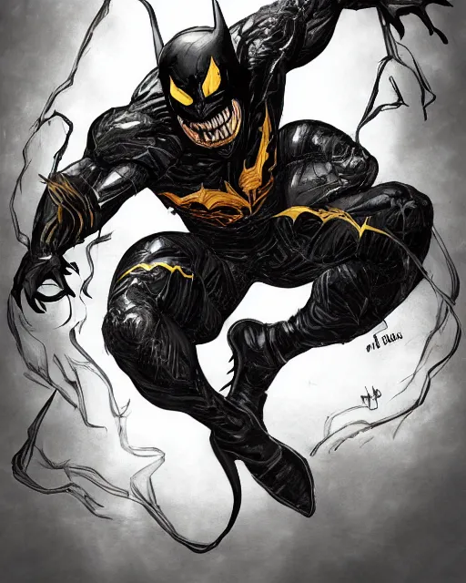 Image similar to venom as batman, with the powers of flash, dynamic lighting, fantasy concept art, trending on art station, stunning visuals, creative, cinematic, ultra detailed, comic strip style, sumihei