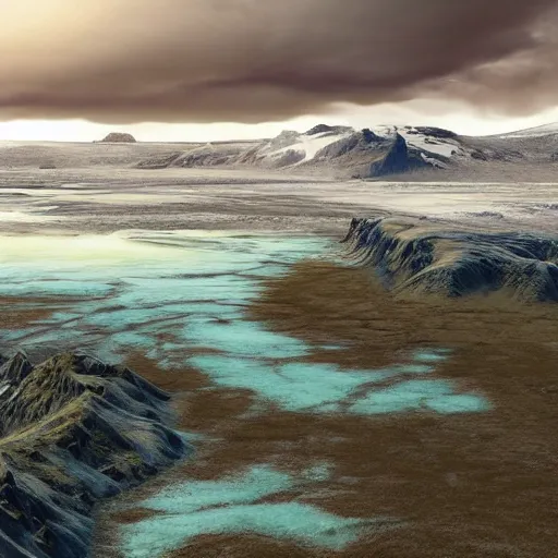 Prompt: a beautiful hyper realistic detailled matte painting of icelandic landscape with icy plains in the foreground and mountains in the background, barometric projection, by andreas rocha john howe, and albert bierstadt and alena, aerial view, view from above, unreal engine, trending on artstation, barometric projection, rectilinear, f 8