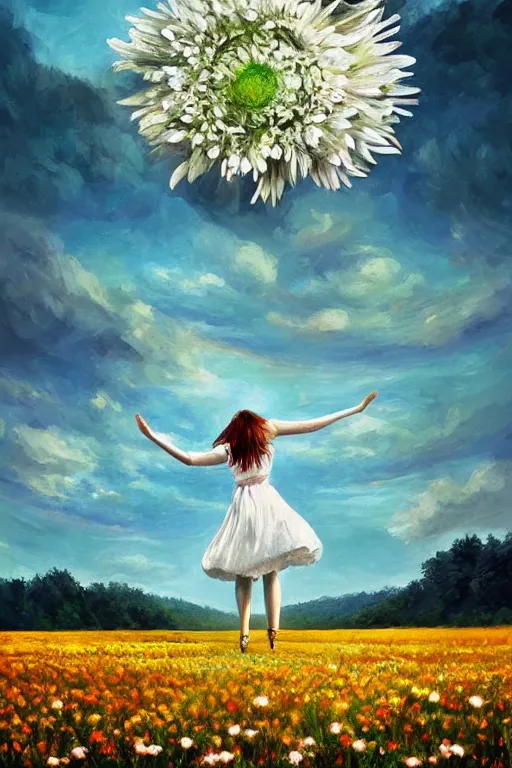 Image similar to giant white daisy flower as head, woman dancing in a flower field, surreal photography, sunrise, dramatic light, impressionist painting, colorful clouds, digital painting, artstation, simon stalenhag