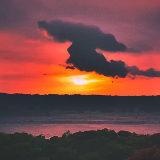 Prompt: a dark cloud shaped like a black miniature toy poodle's head, sunset realistic photo