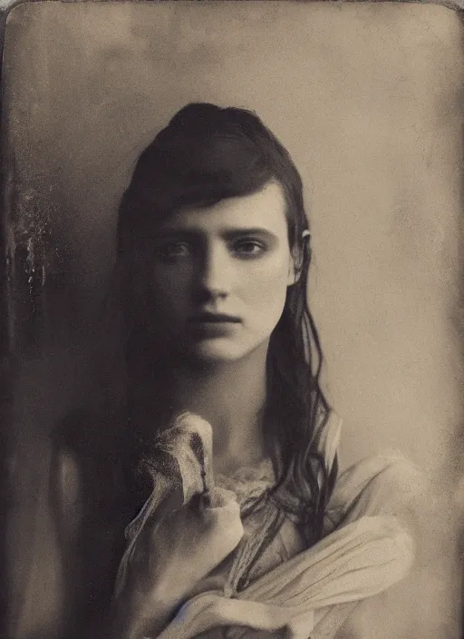 Image similar to portrait of a young women with beautiful eyes, photo realistic, elegant, award winning photograph, cinematic lighting, ambrotype wet plate collodion by richard avedon and shane balkowitsch