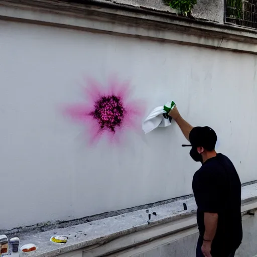 Image similar to guy with white hoodie spray painting flowers in a wall in genova