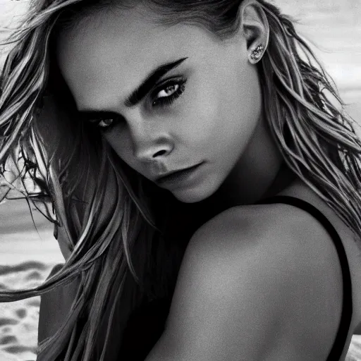 Image similar to sultry portrait of cara delevigne on the beach, 8k, photorealistic