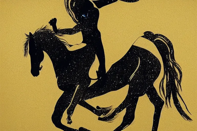 Image similar to beautiful serene horse rider, healing through motion, life, minimalistic golden and ink airbrush painting on white background