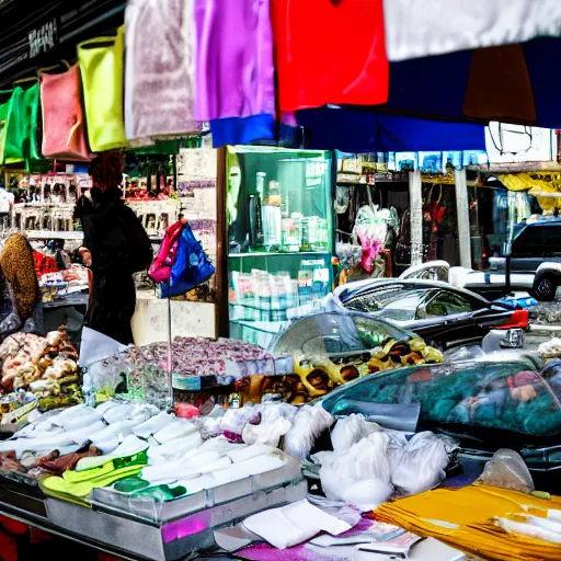 Image similar to a photo of a market stall at a street corner in the style of the film'minority report'taken from a distance, dslr