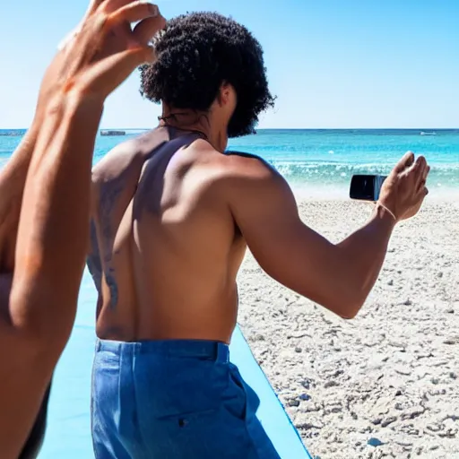 Prompt: male influencer taking pictures in the beach