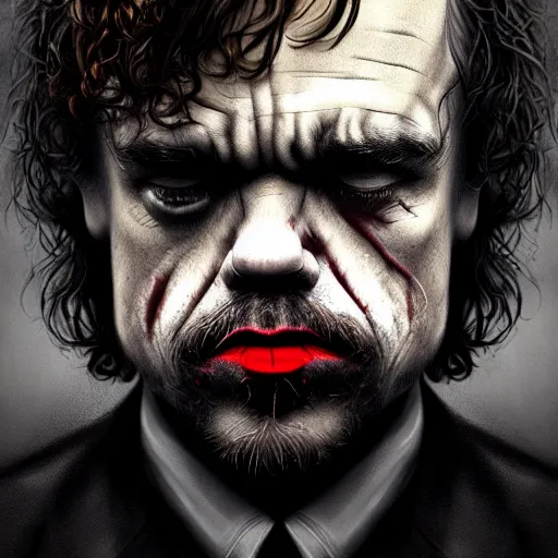 Prompt: peter dinklage as the joker, digital painting, extremely detailed, 4 k, intricate, brush strokes, mark arian, artgerm, bastien lecouffe - deharme