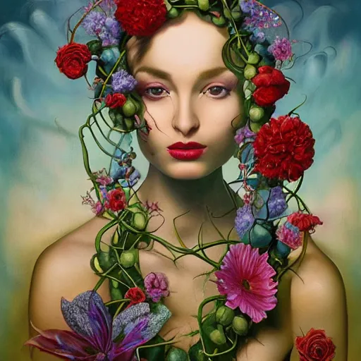 Image similar to dynamic composition, a painting of woman with hair of ( summer flowers )!! and vines wearing ornate earrings, ornate gilded details, a surrealist painting by tom bagshaw and jacek yerga and tamara de lempicka and jesse king, featured on cgsociety, pop surrealism, surrealist, dramatic lighting, wiccan, pre - raphaelite