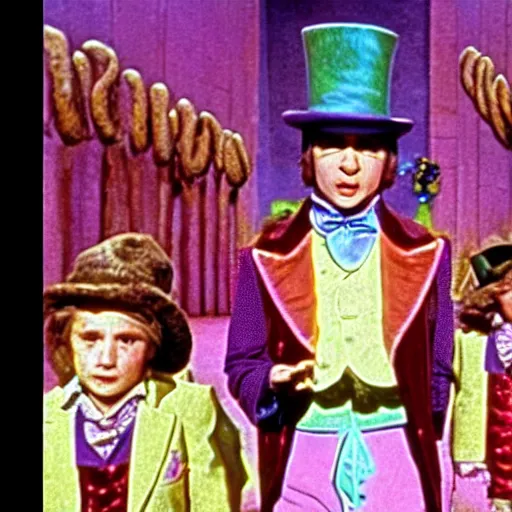 Image similar to film still of the ritual sacrifice scene from willy wonka & the chocolate factory (1971)