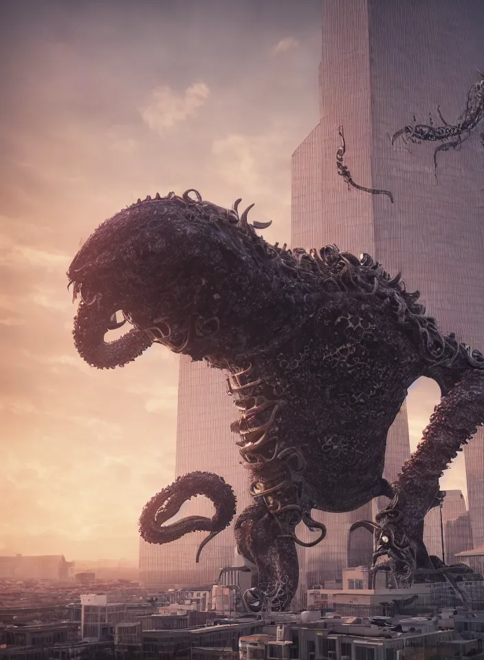 Image similar to A very giant Kraken-like multi-eyed monster jumped up with its jaws on a high-rise office building and wrapped his tentacles all around him. High detail, front view, photorealism, concept art, octane render, zoom, architecture, sunset, raytracing, 8k