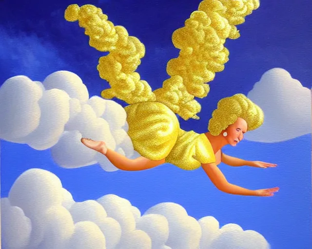 Prompt: terry davis is sitting on the clouds, terry has golden nimbus over his head, terry wears white dress, detailed painting