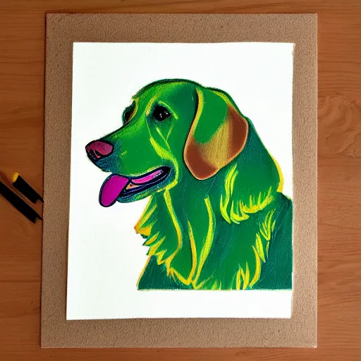 Image similar to oil pastel portrait of a golden retriever with its tongue out, green yellow gradient background